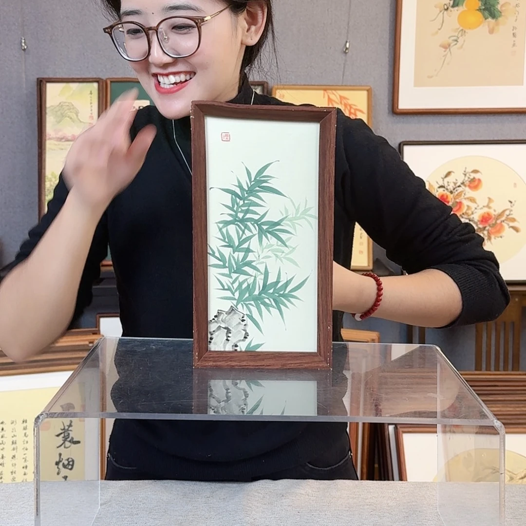 国画纯手绘，纯手写带框尺寸：16×29厘米