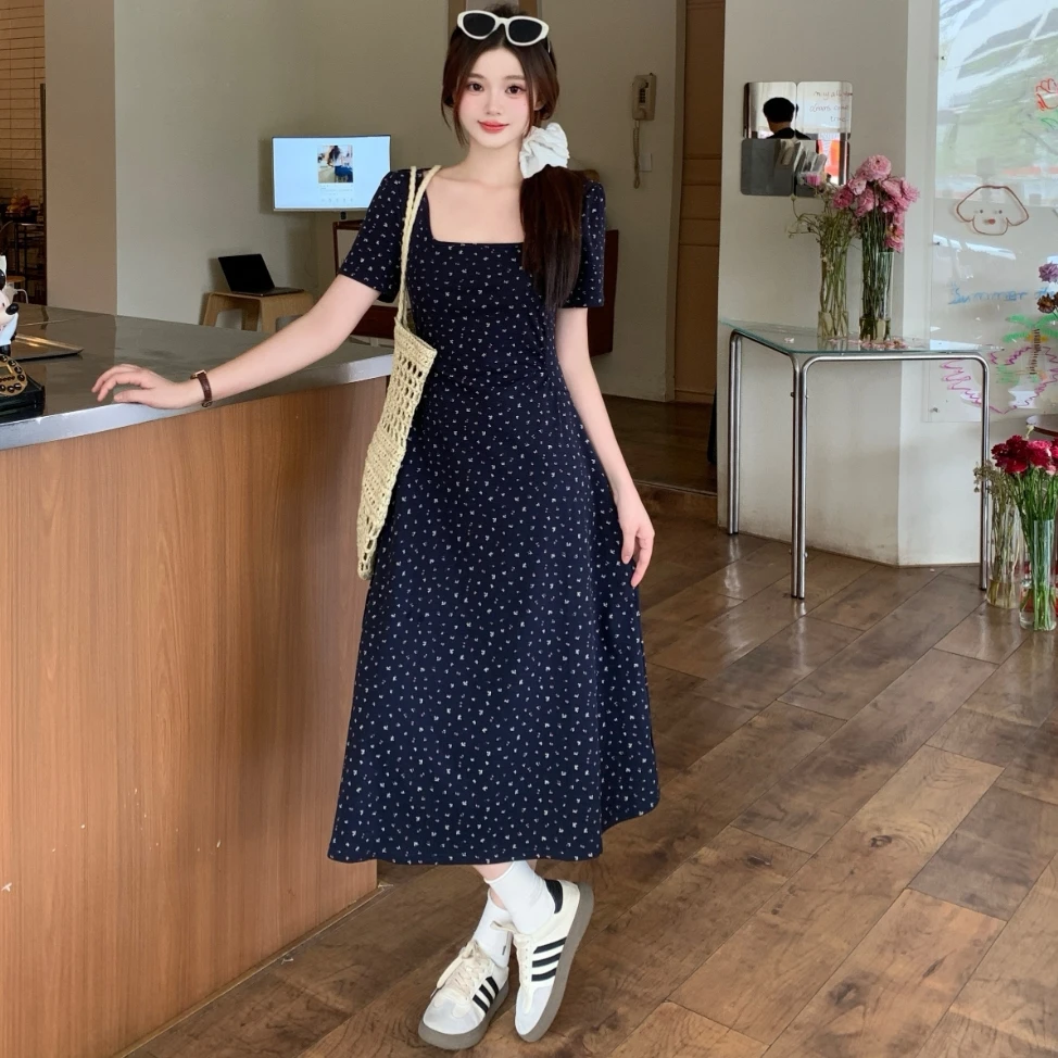 TJ64265大码2025夏新款法式气质方领碎花连衣裙修身显瘦百搭长裙