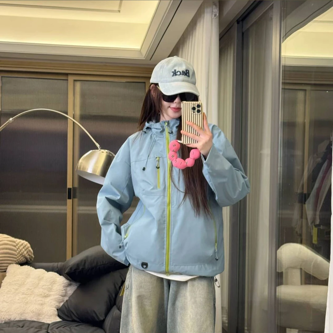 芥岚灰防风防水冲锋衣男女款夏情侣连帽防晒外套户外徒步登山夹克