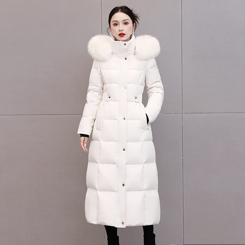 白色羽绒服2025新款中长款修身收腰显瘦过膝95白鸭绒北方防寒外套
