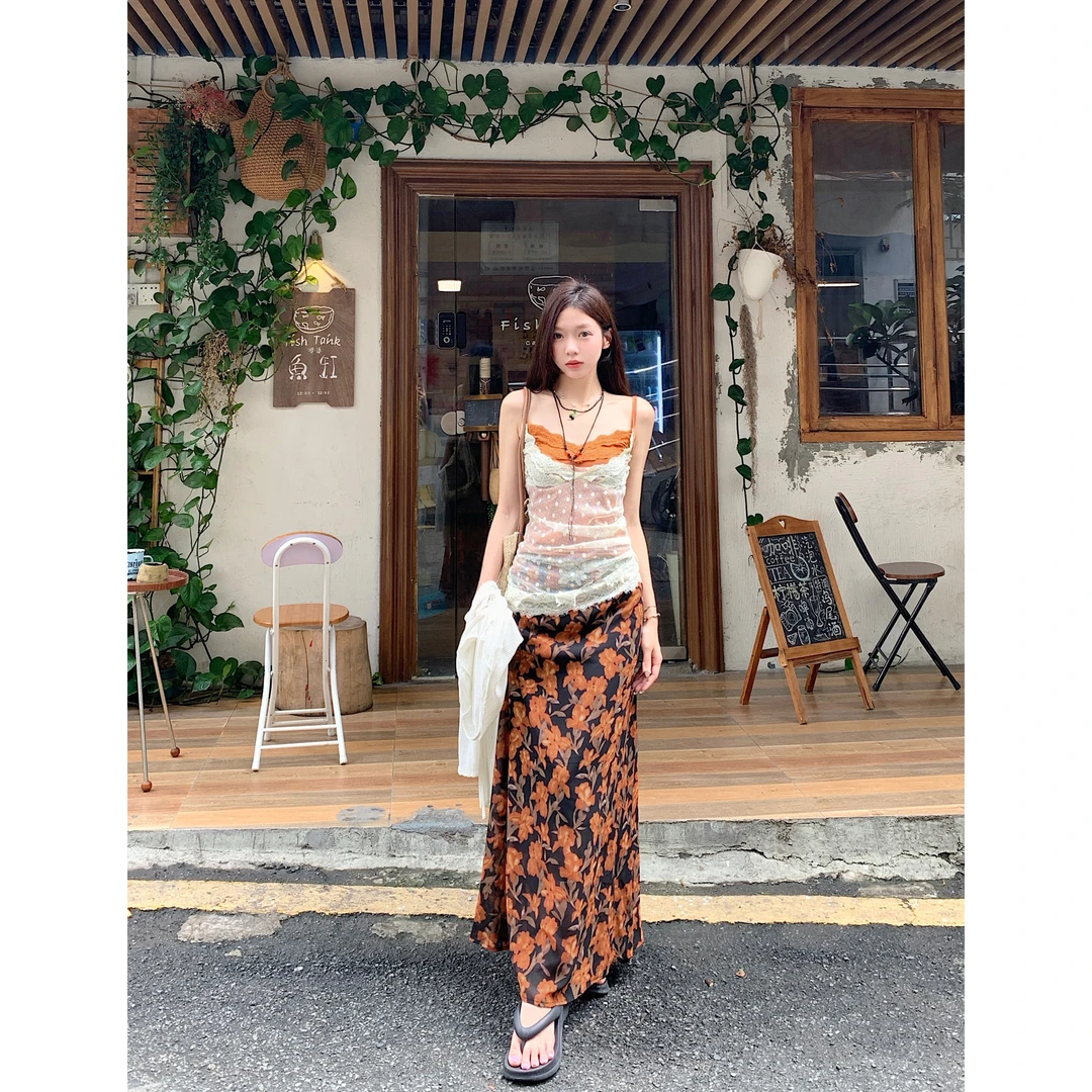 【盛夏栀子】纯欲不规则波点蕾丝吊带+碎花长裙半身裙+开衫C 8789#