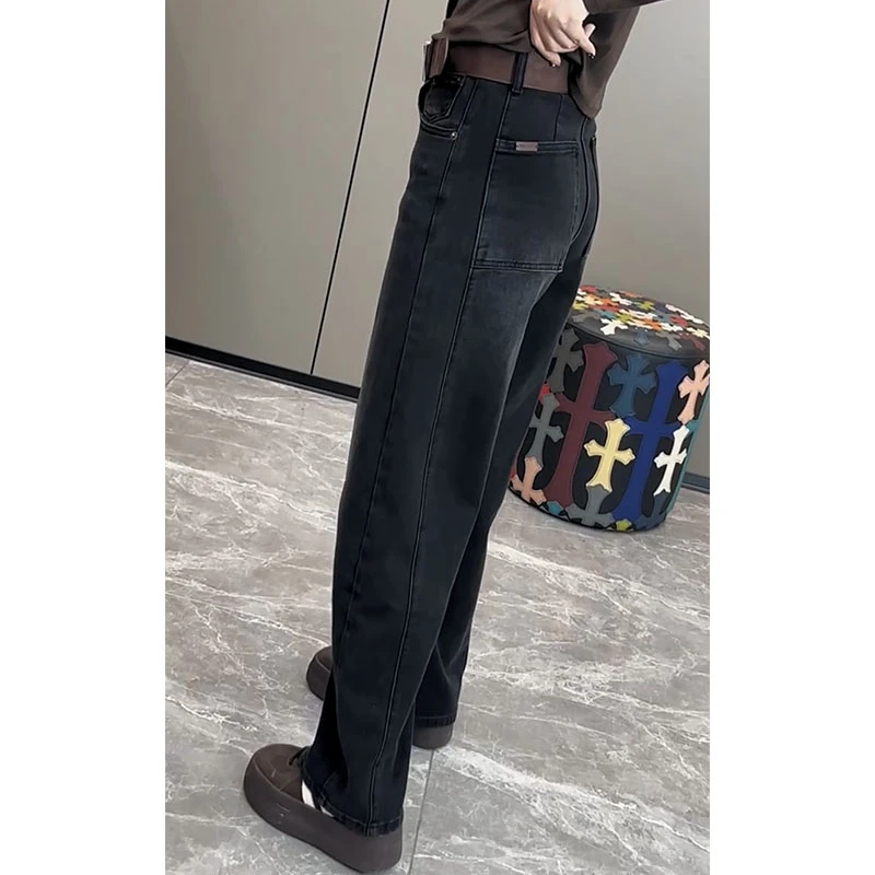 2025秋季新款弯刀牛仔裤女大码显瘦直筒拖地裤遮肉时尚减龄阔腿裤