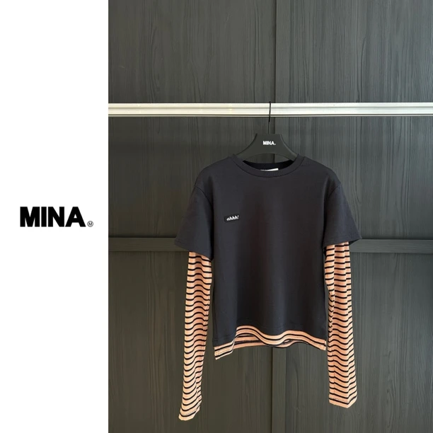 【MINA】AHHH早秋复古拼接条纹假两件圆领长袖