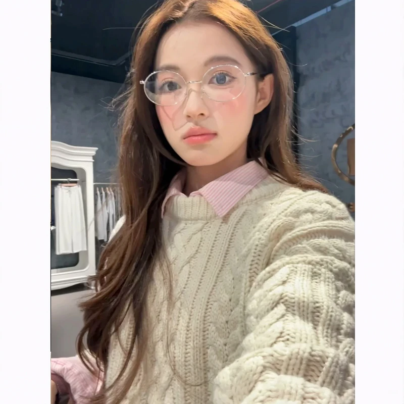 秋冬新款粗棒针麻花毛衣复古慵懒风宽松型圆领休闲风韩版厚款常规