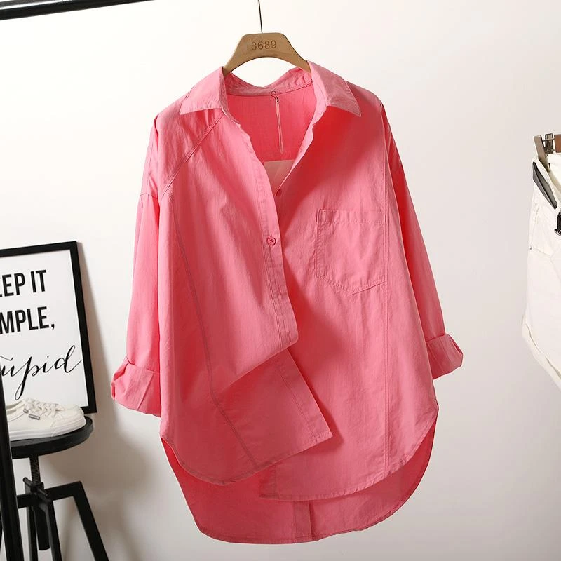 春秋新款胖妹妹大码宽松纯色长袖衬衫上衣女港风开衫衬衣百搭潮流