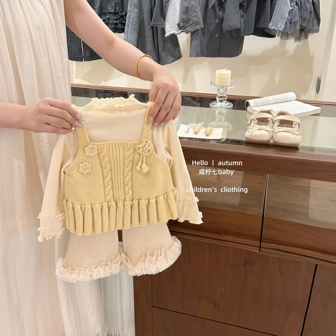 【咸柠七】小甜妹！女童原创设计师秋季套装手工花朵马甲背心喇叭裤