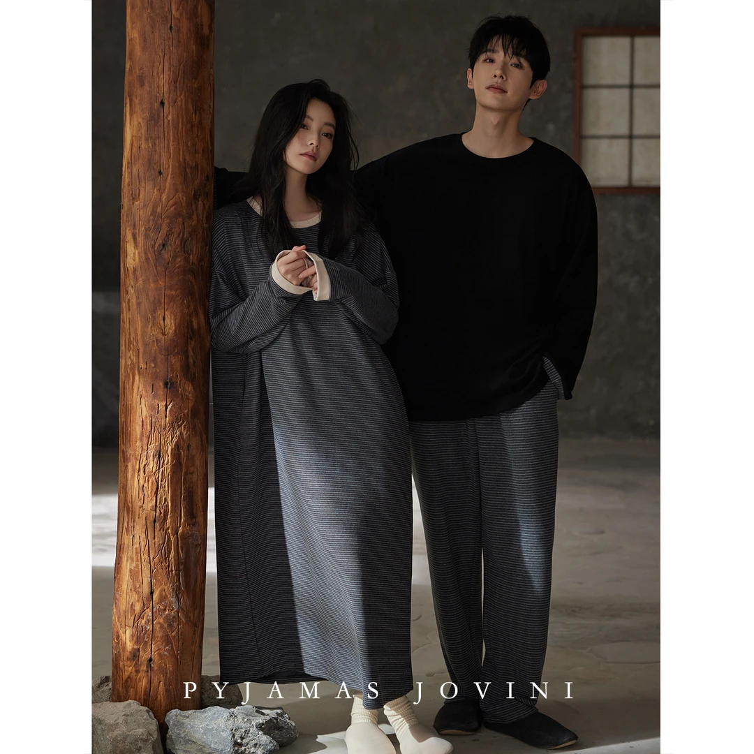 俏薇妮情侣睡衣女冬季睡裙羊绒蚕丝德绒加厚条纹套装男2025年新款