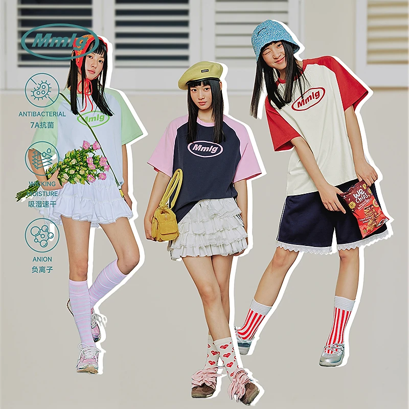 【7A抗菌】Mmlg2025年夏季撞色印花插肩纯棉短袖t恤男女同款FQT017