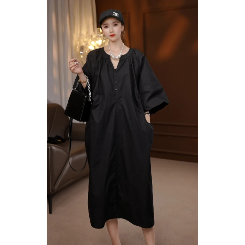 2025夏季新款欧韩时尚宽松遮肉气质V领褶皱设计连衣裙8012