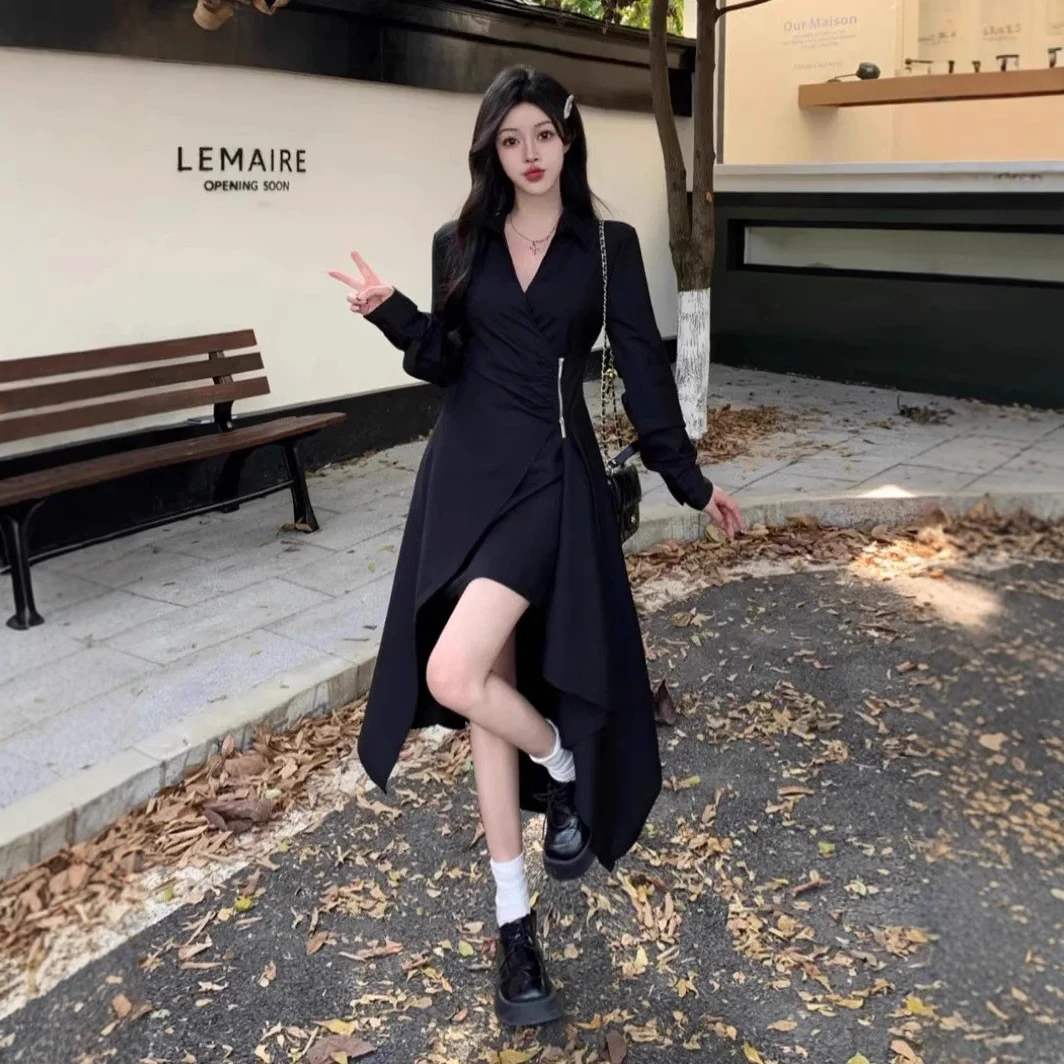 大码赫本风高级感连衣裙女春季不规则气质小黑裙胖MM遮肚藏肉裙子