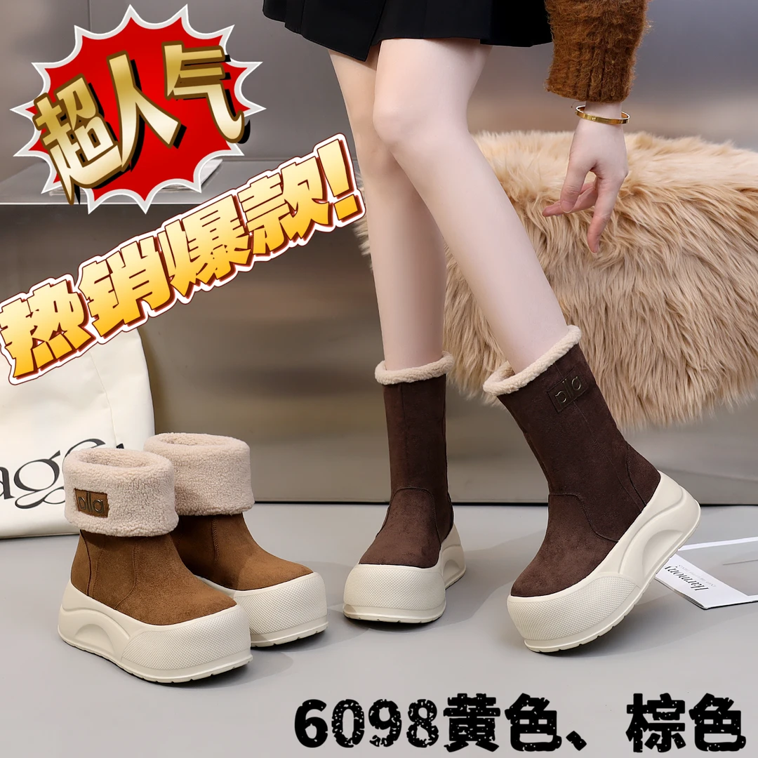 冬季休闲翻领增高少女风时尚雪地靴圆头厚款中筒厚底加绒加厚靴