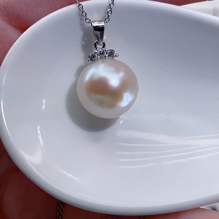 银S925镶嵌颈饰淡水珍珠13mmA