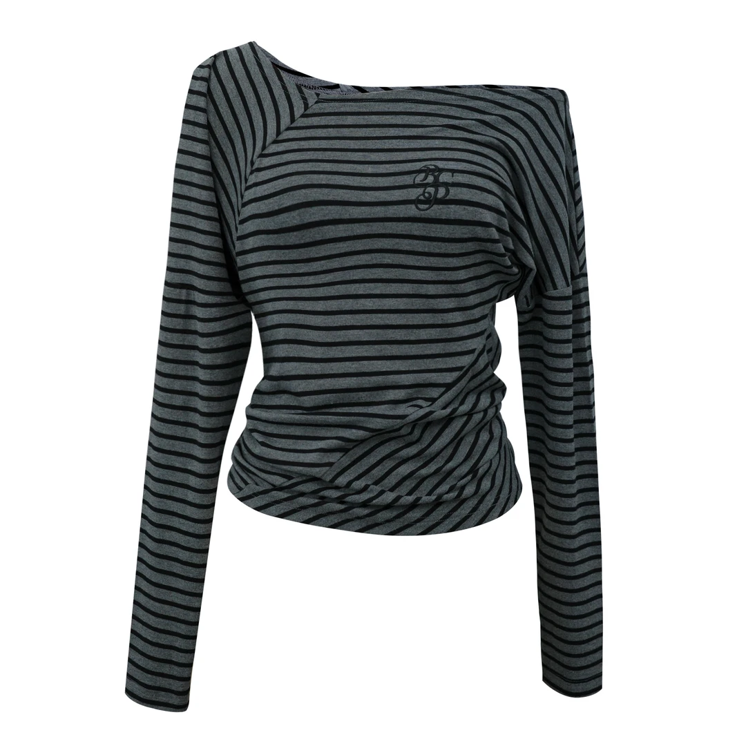 黑喵像素 黑灰条纹不规则斜肩长袖打底修身bm风宽松通勤休闲女