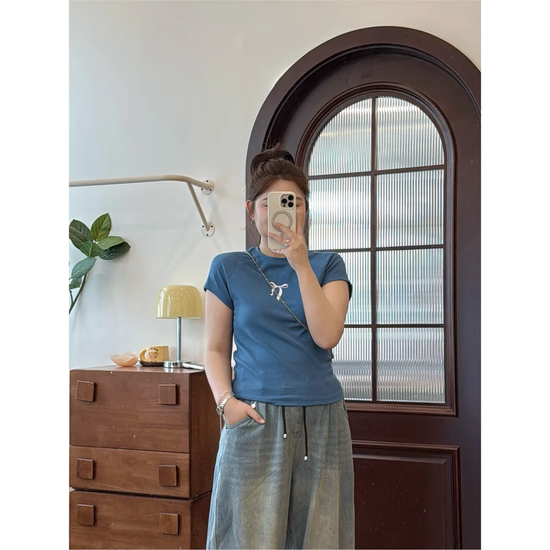 晶咕佳佳【蝴蝶手风琴】蝴蝶结印花插肩袖T恤短款显瘦修身时尚小版