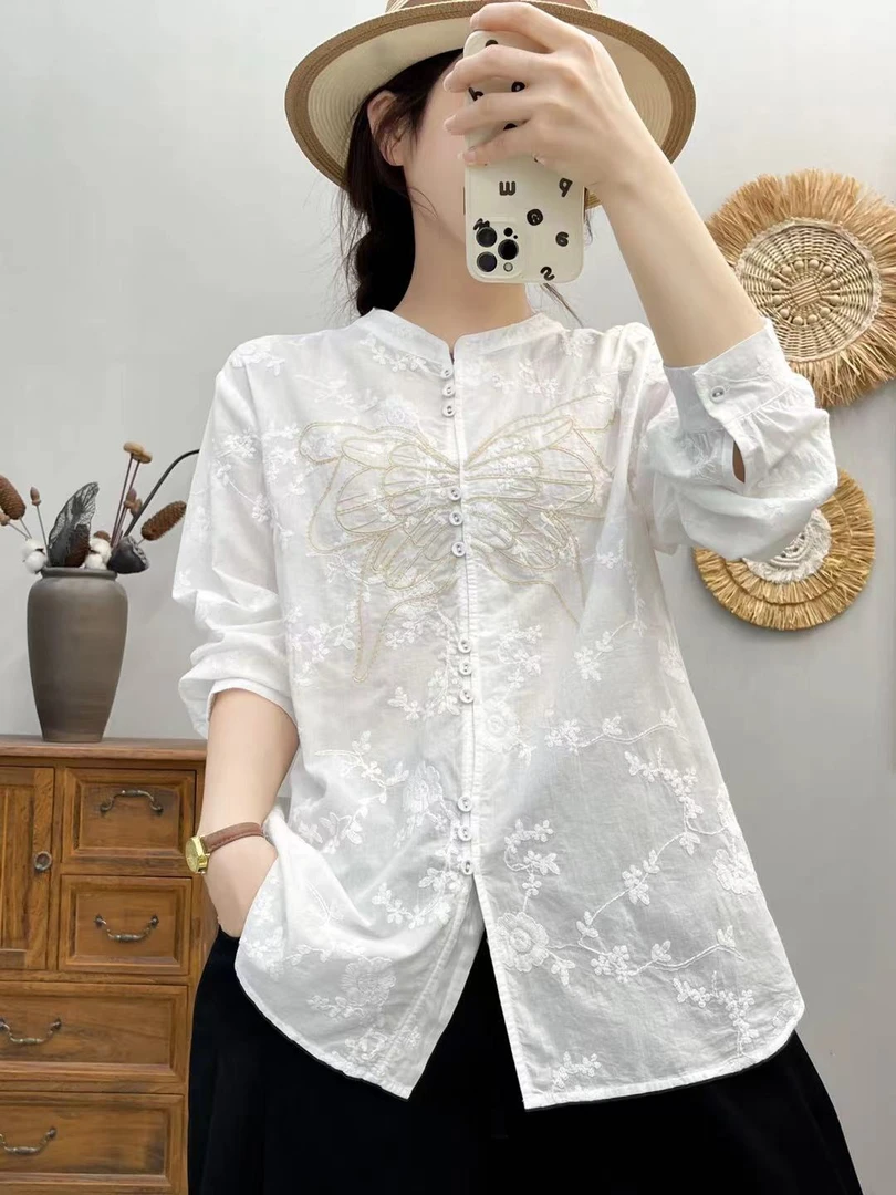 新中式立领长袖衬衫女大蝴蝶刺绣宽松显瘦文艺绣花上衣