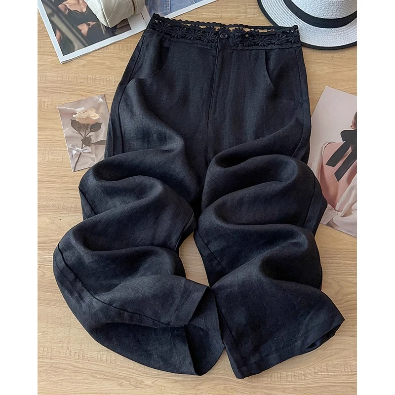 拉夏贝尔蕾丝花边亚麻阔腿裤女夏季薄款2025新款拼接裤宽松直筒裤