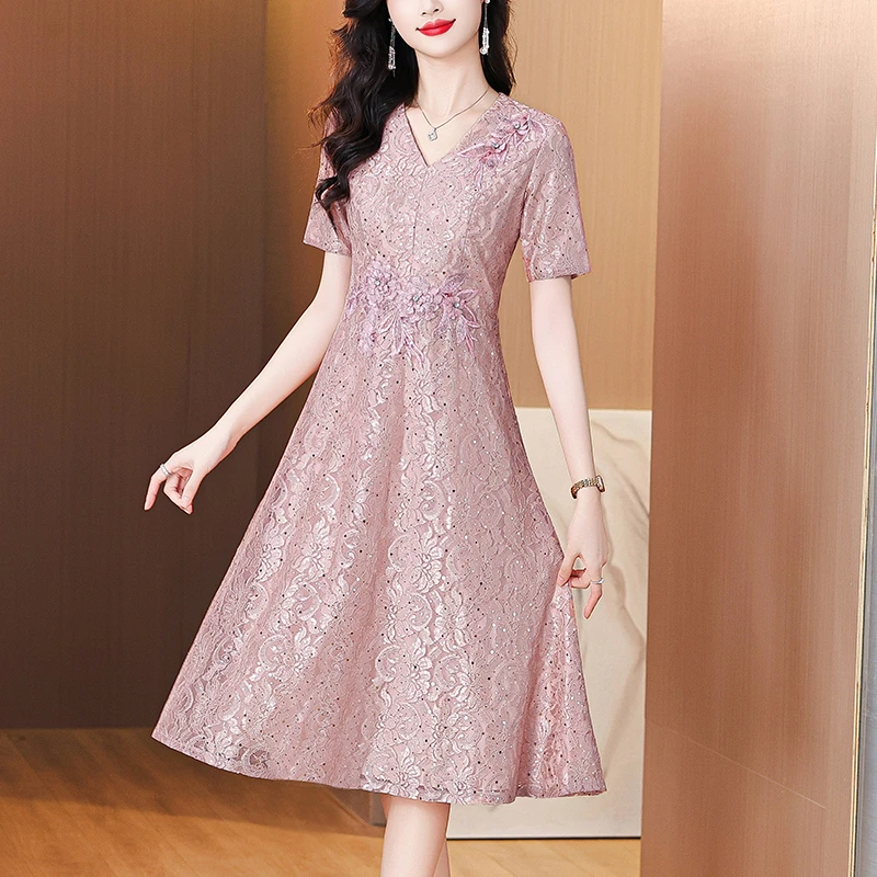 高端蕾丝连衣裙婆婆妈妈参加婚礼服夏妈妈婚宴礼服时尚中长款长裙