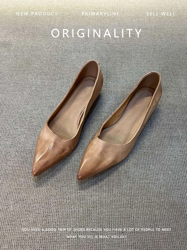 超软羊皮~真皮尖头气质单鞋女鞋浅口通勤鞋一脚蹬法式简约工作鞋