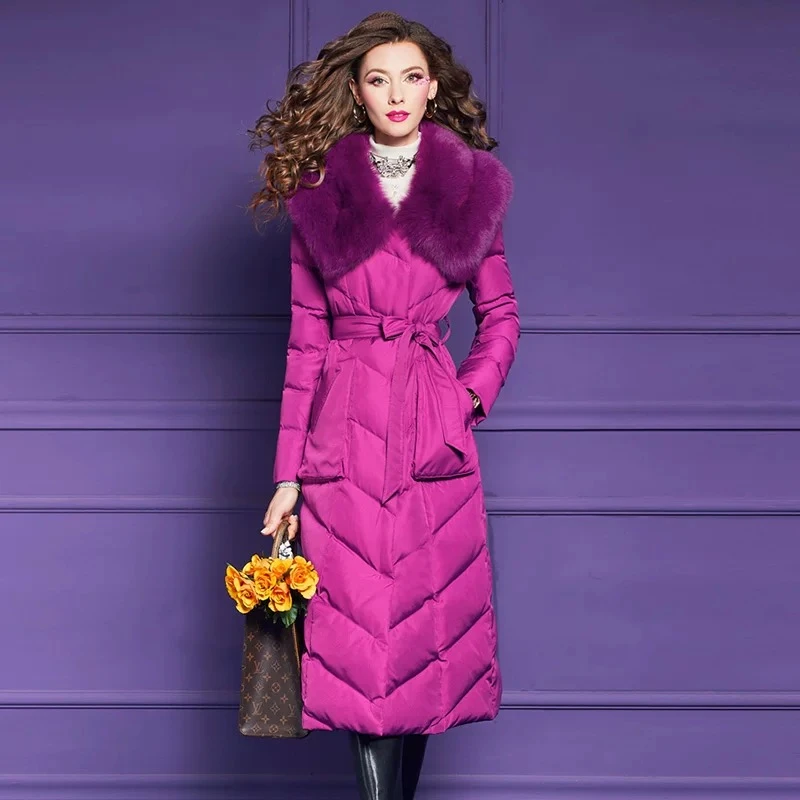 菲梦伊狐狸毛领羽绒服女冬季高端加厚阔太太长款白鸭绒外套59605