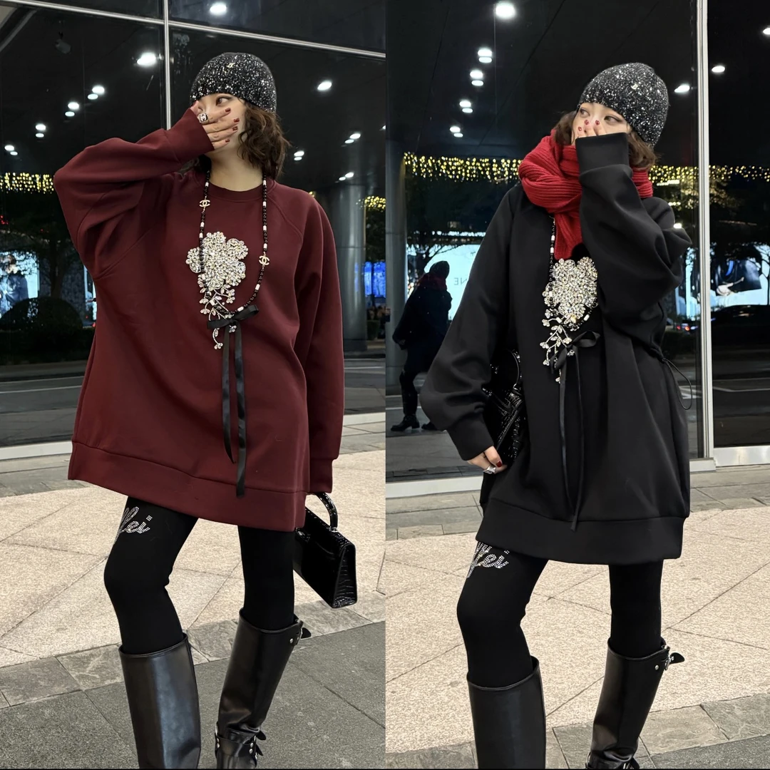 YDFSTUDIO小众【水星漫游】欧货重工高品花朵钉钻抽绳设计加绒卫衣