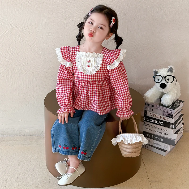 女童春装2025新款套装小女孩格子衬衫两件套宝宝洋气女装儿童衣服