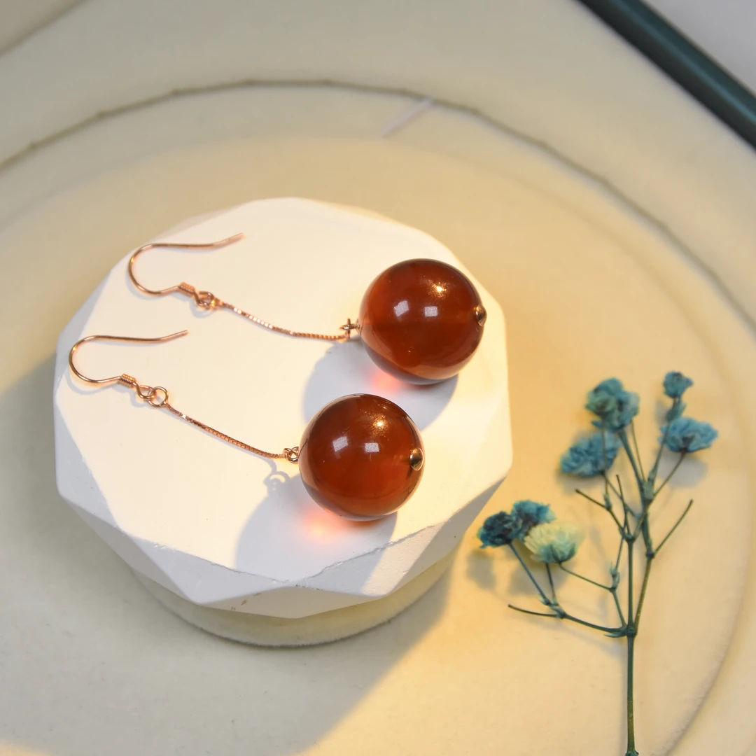 苏芳珠宝 -17mm天然缅甸灵草珀圆珠耳环时尚气质百搭精美婉约耳钩