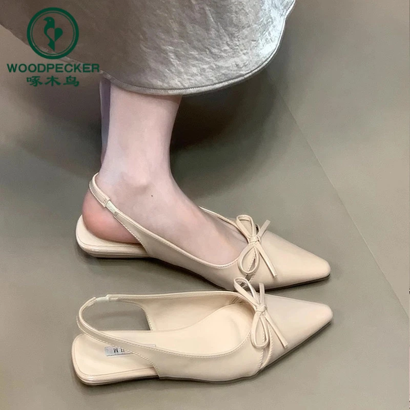 啄木鸟法式包头粗跟凉鞋女2025年夏季新款尖头蝴蝶结气质白色单鞋
