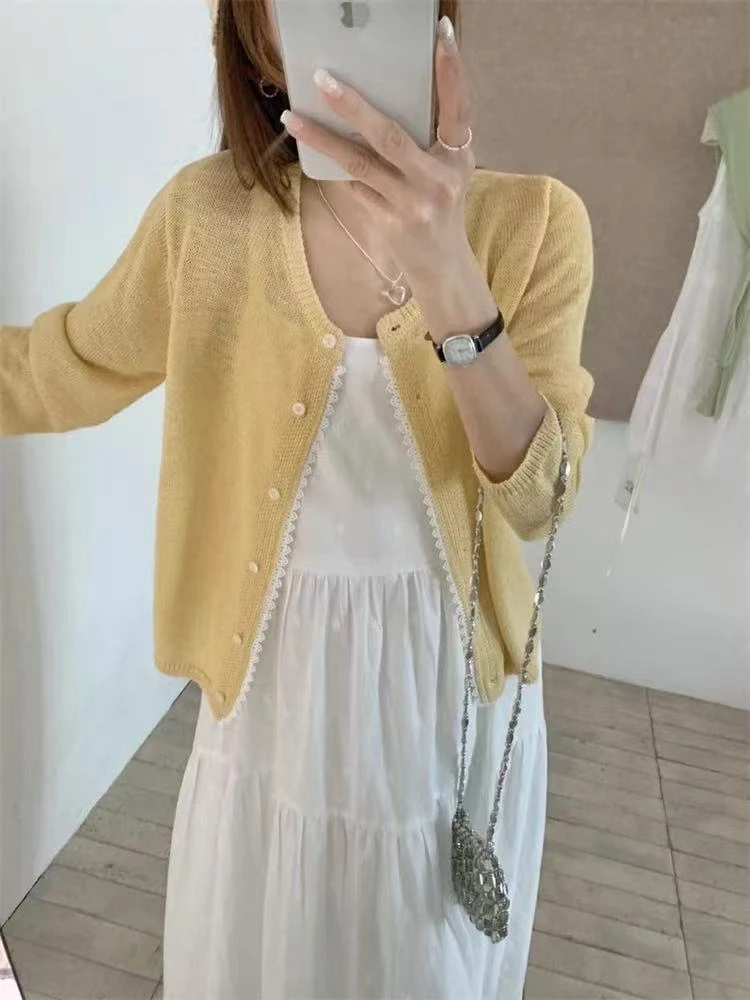 韩系蕾丝拼接长袖针织开衫女春夏2025新款宽松款防晒上衣潮5084