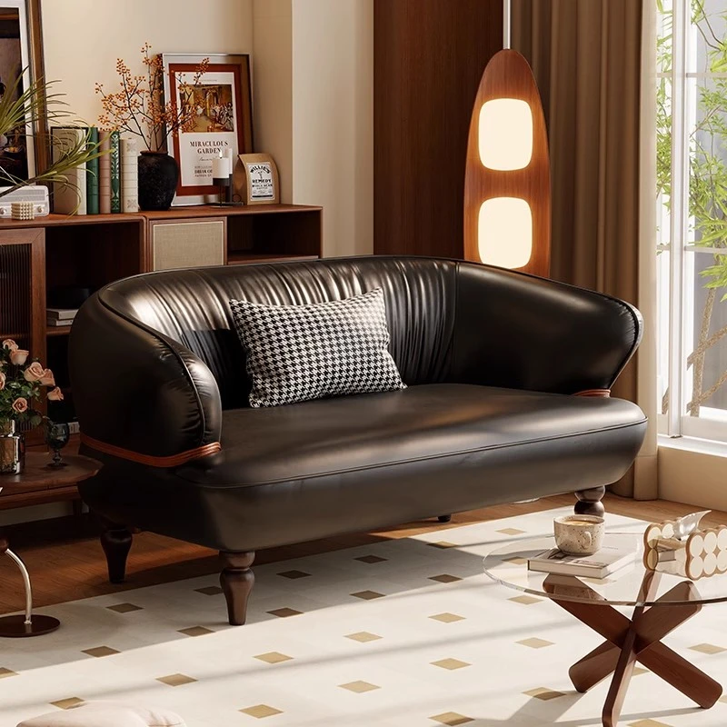 法思丹小户型黑色沙发中古风客厅公寓复古棕色皮艺沙发油蜡皮沙发