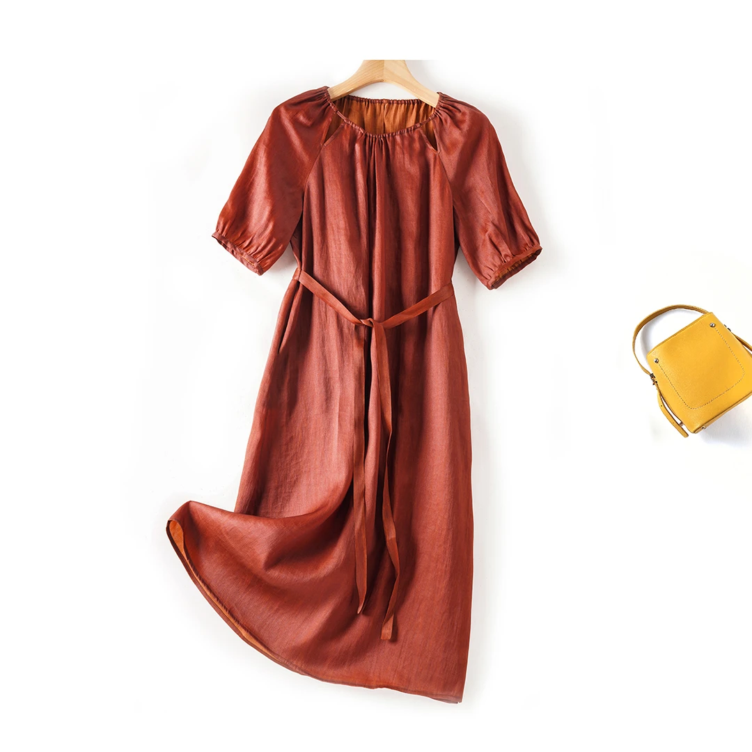 100%桑蚕丝红云纱顺纡绉国风高端女装新中式休闲真丝宽松连衣裙