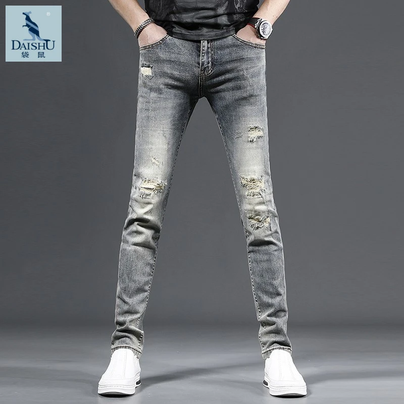 Dai Shu/袋鼠轻奢破洞牛仔裤爆款2025新款夏季薄款修身小脚高端