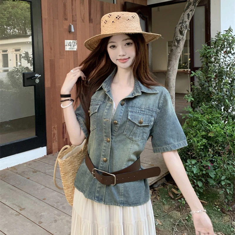 港风复古短袖修身牛仔衬衫女夏季腰带收腰小个子短款上衣衬衣外套
