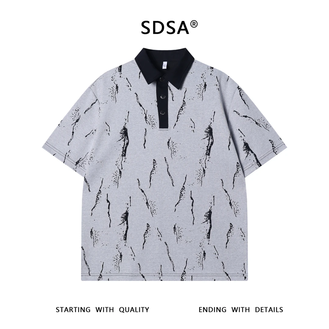 夏季高级感新款美式撞色polo领短袖T恤百搭潮流宽松磨破抬头上衣