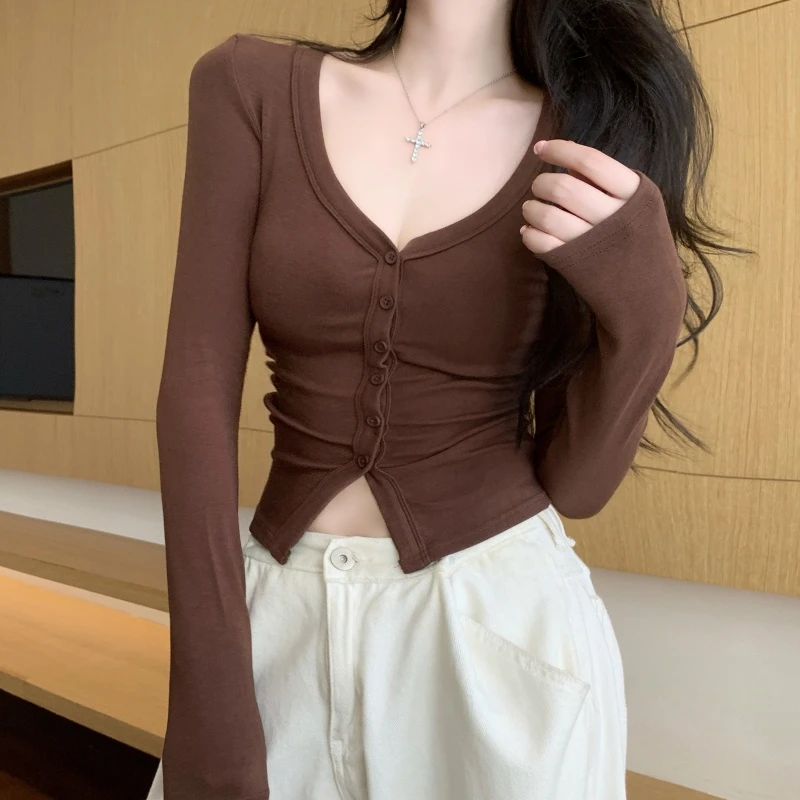 艺等YIDENG现货！美拉德辣妹褶皱收腰显瘦内搭打底衫小个子长袖t恤