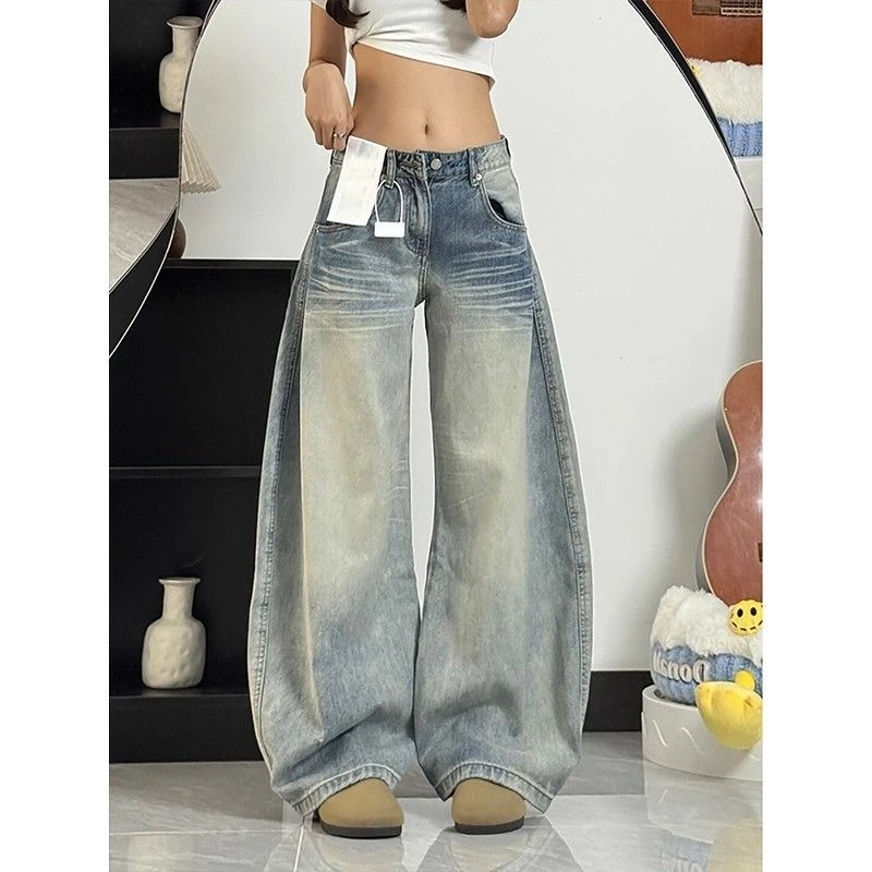 时尚2025女秋季弯刀裤牛仔裤新款低腰美式复古刺绣阔腿裤拖地裤子