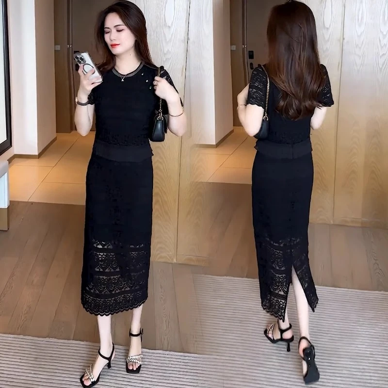 蕾丝连衣裙女2025夏季新款洋气显瘦遮肉中长款假两件减龄黑色裙子