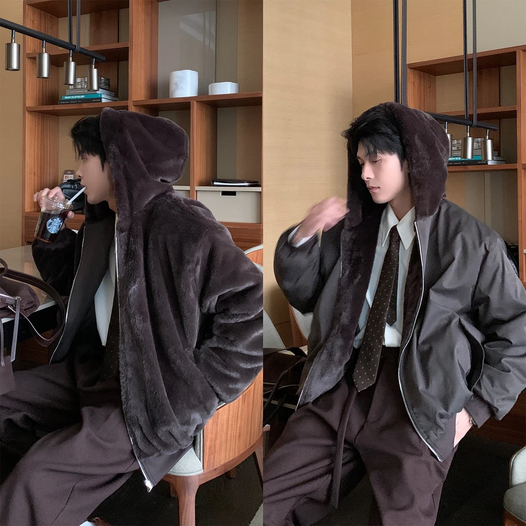 一轩轩轩【晴冬练习课】冬季两面穿毛茸茸男连帽加绒棉衣外套19233
