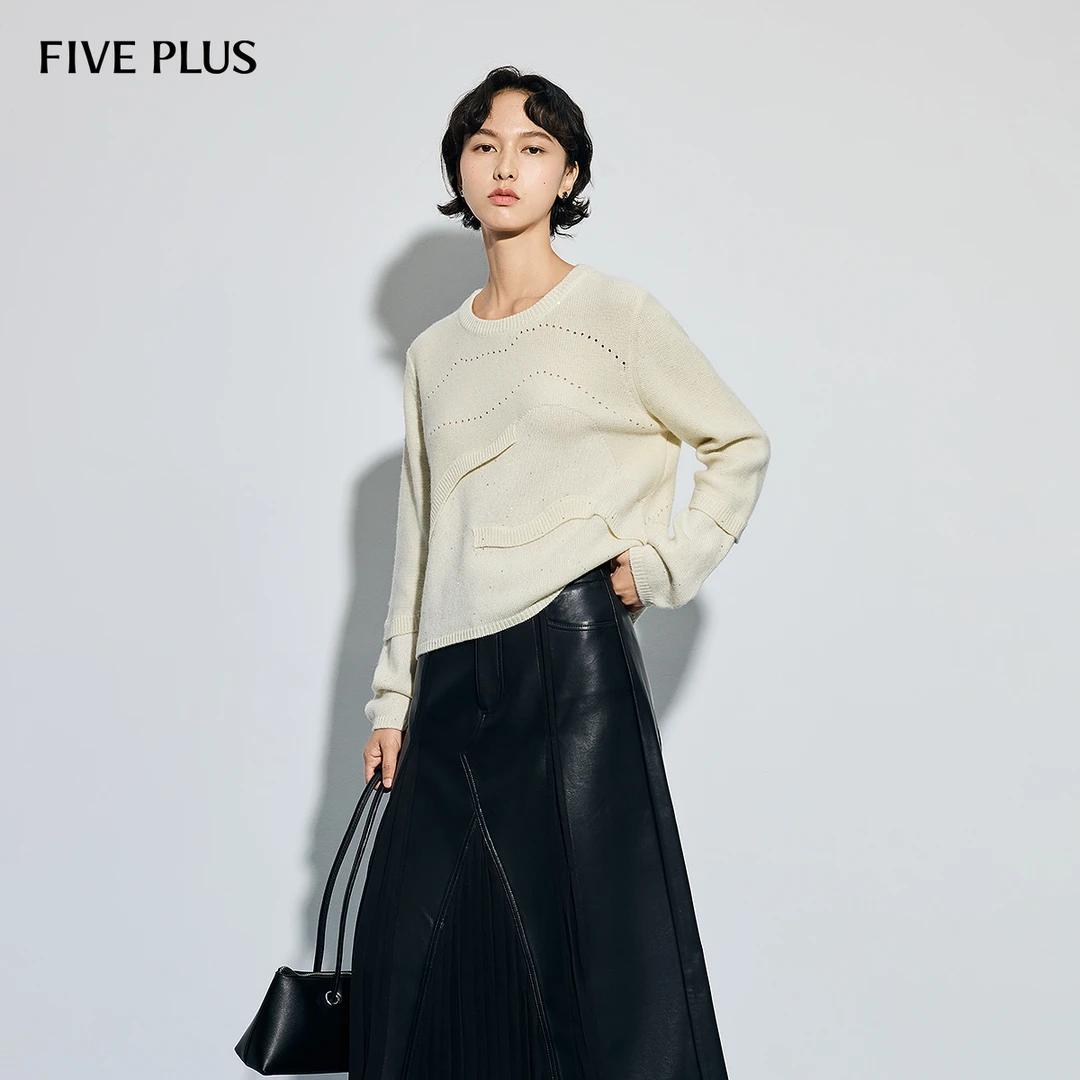 FIVE PLUS绵羊毛慵懒立体波浪纹拼接圆领休闲针织衫2SE3038490