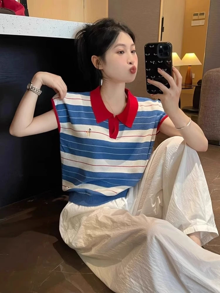 撞色条纹polo领针织冰丝小飞袖短款上衣女夏季小个子正肩短袖t恤