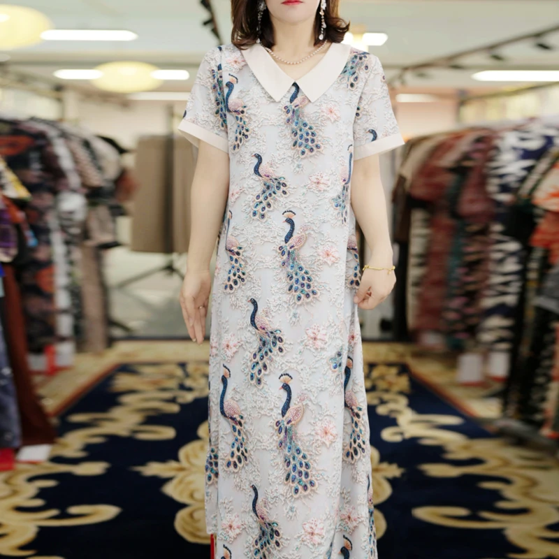 【丝绸之路】夏季新款时尚气质女装娃娃领百搭连衣裙洋气妈妈装6486