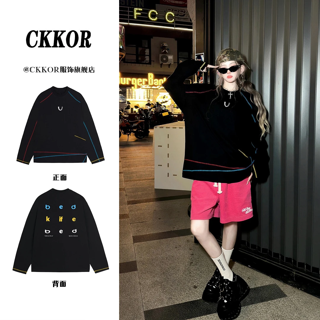 CKKOR美式潮牌彩色不规则长袖t恤女春秋季百搭情侣款宽松上衣