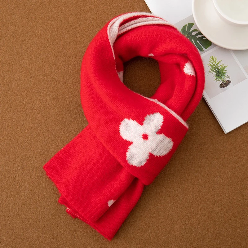 秋冬新款羊绒围巾女针织儿童护颈保暖百搭简约复古提花小学生围脖