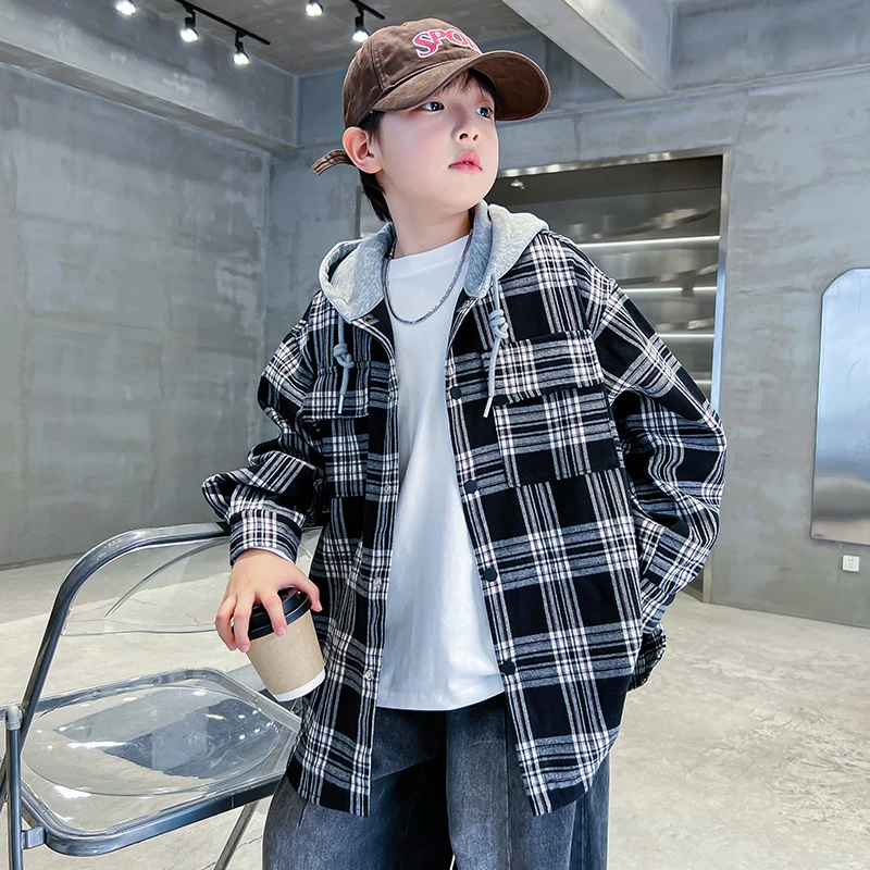 男童外套春秋宽松2025中大童休闲韩版长袖连帽儿童秋季上衣格子潮