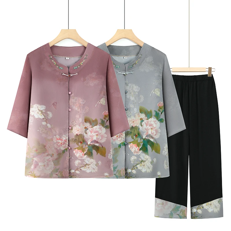 新中式中老年洋气奶奶夏季衬衫中袖套装老太太衣服薄款奶奶装
