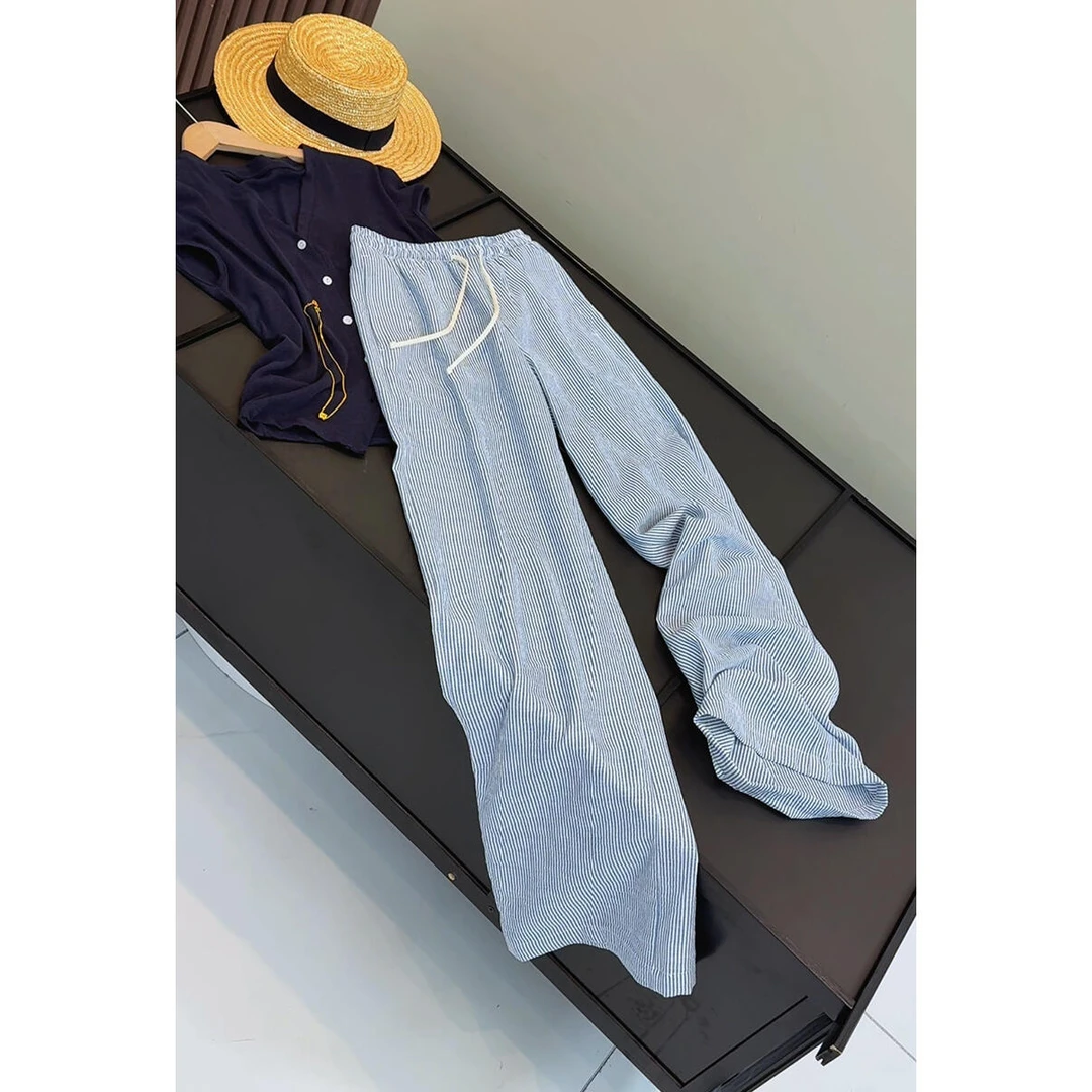 条纹休闲裤女早秋新款系带宽松直筒阔腿裤垂感拖地长裤