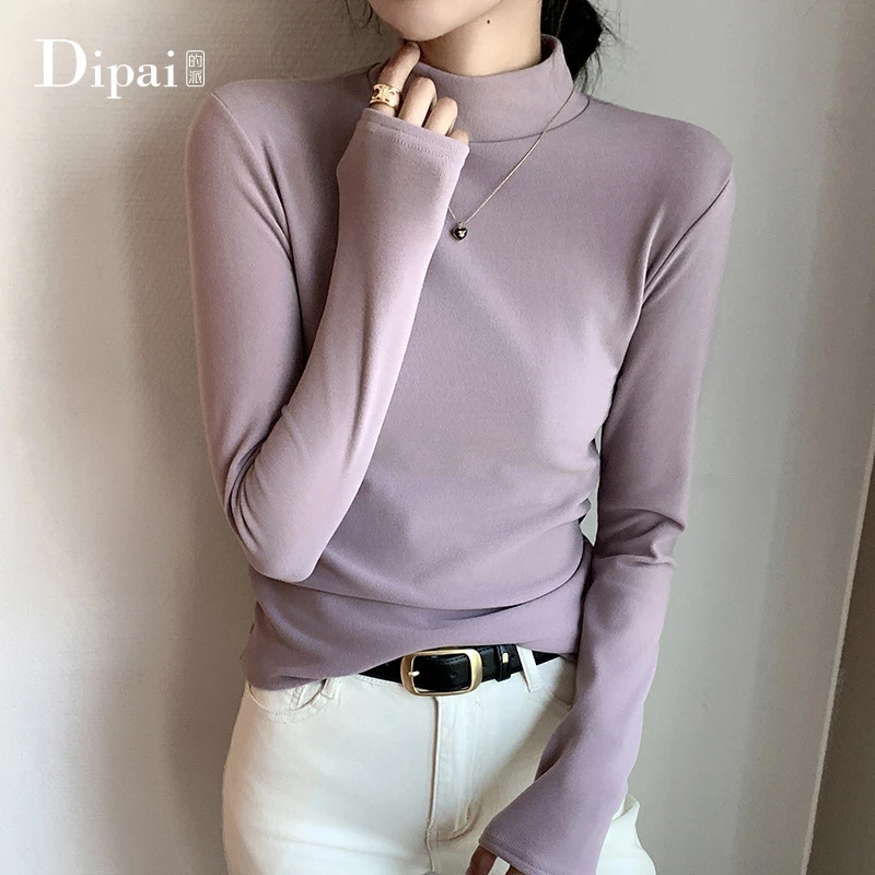 DIPAI/的派德绒双面磨毛半高领打底衫女士保暖修身简约百搭冬季