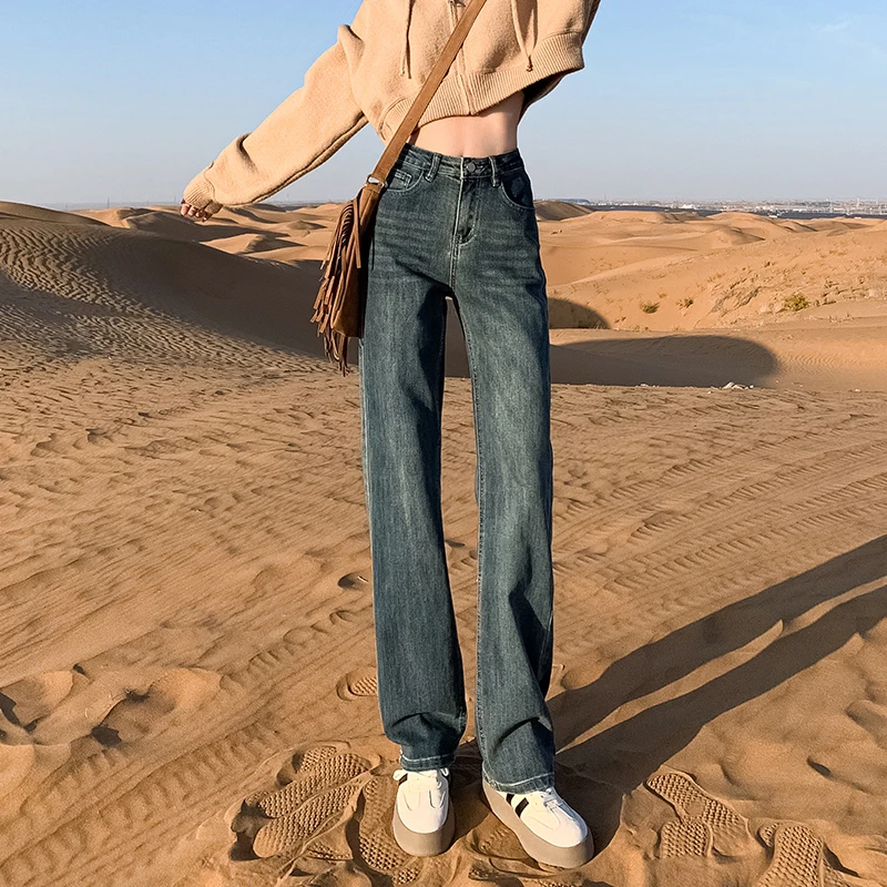 蓝色宽松阔腿牛仔裤女2025年早春新款小个子高腰显瘦窄版直筒裤子