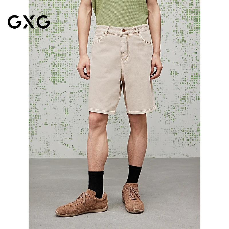 []GXG男装 卡其色直筒牛仔短裤简约25夏新品#G25X252006