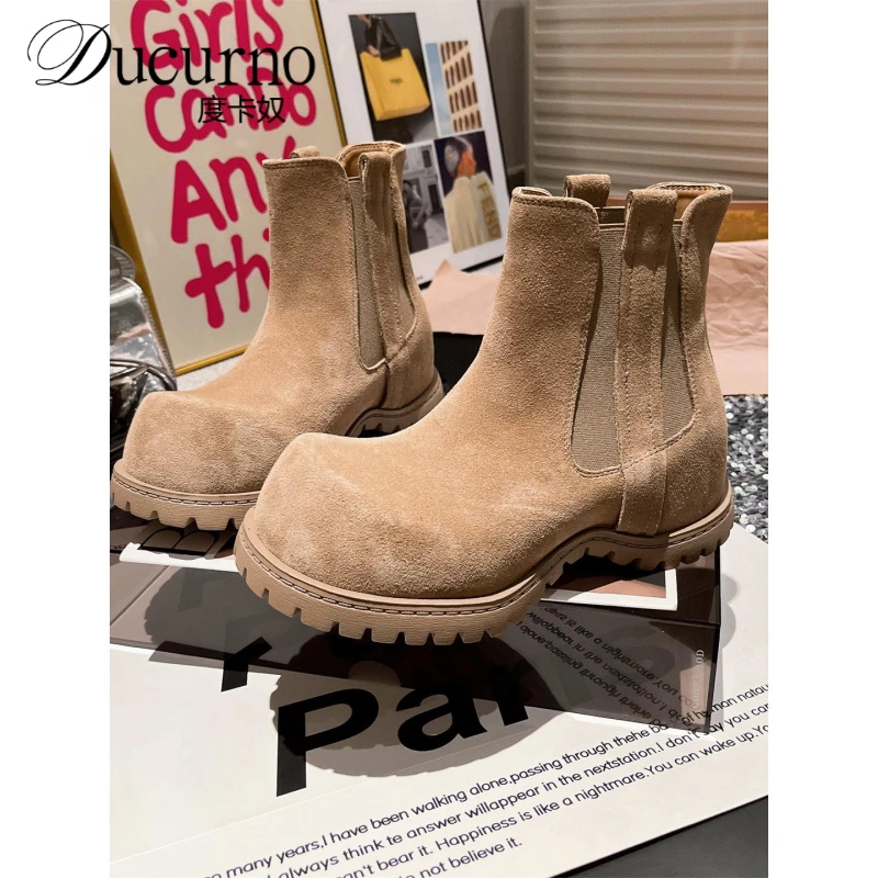 欧美磨砂真皮大头卡皮巴拉内增高马丁靴机车靴勃肯短靴小个子女鞋