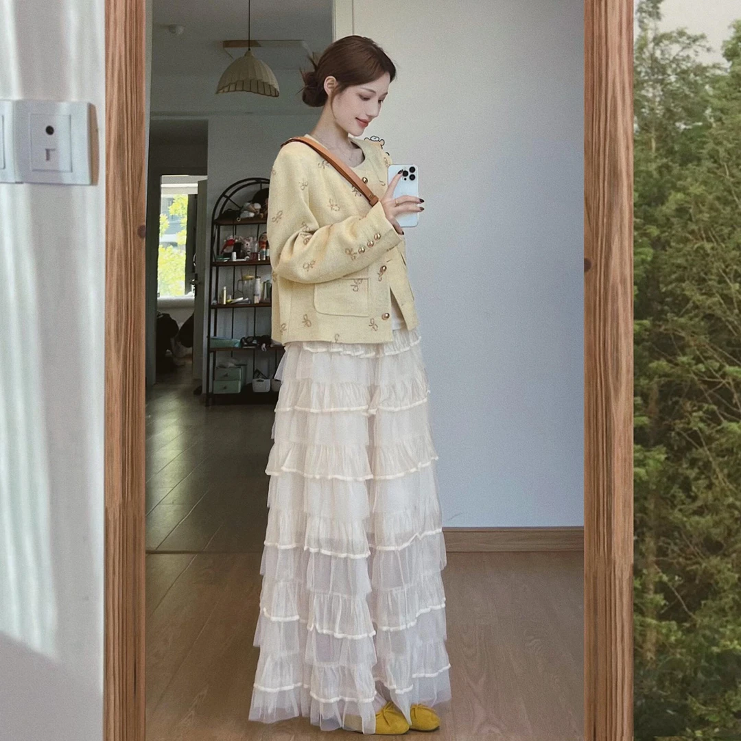 法式超仙重工荷叶边层层网纱蛋糕半身裙女2026春季显瘦蓬蓬长裙子